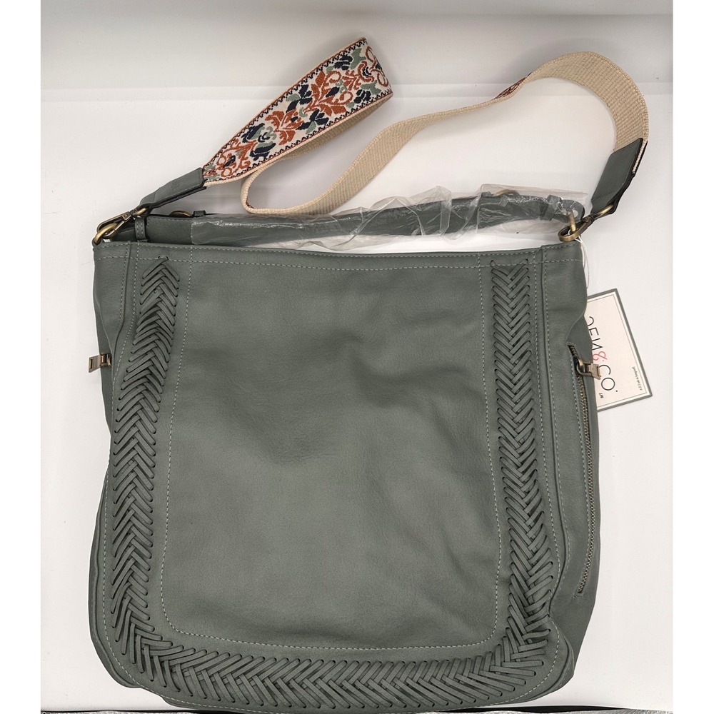 Jen & Co Large Hobo Bag Green Boho Embroidered Guitar Strap Woven Vegan Leather